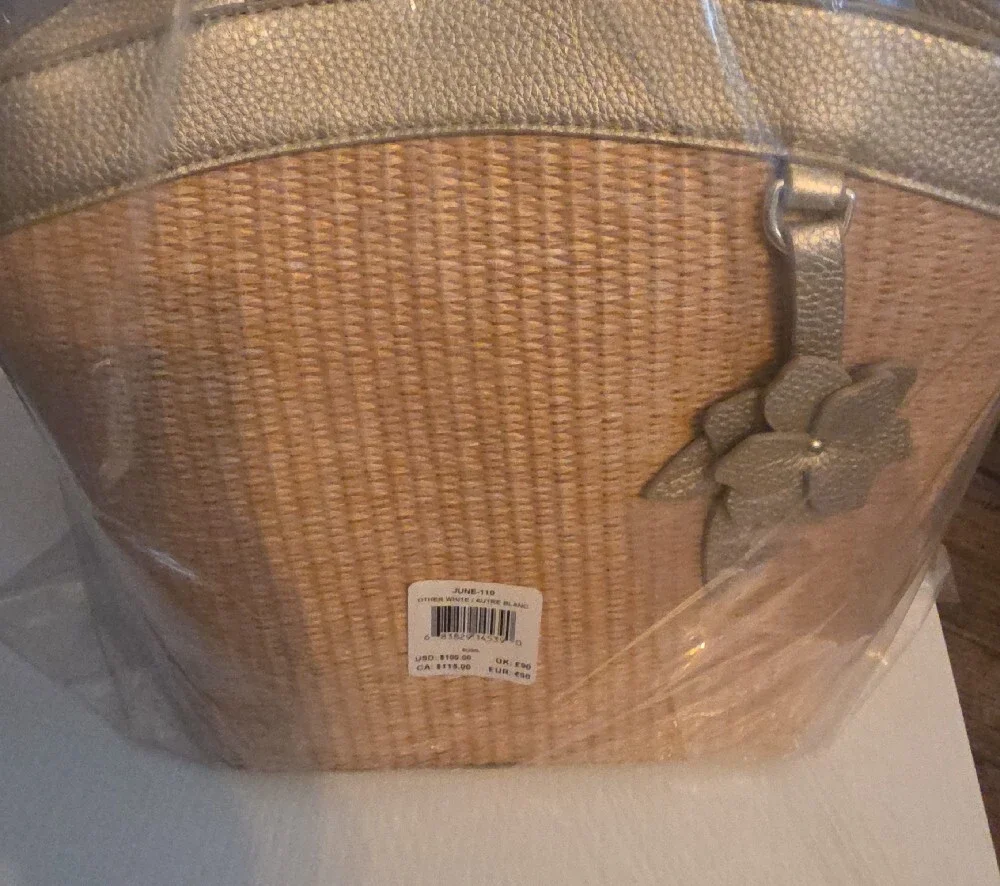 Draper James Natural Straw Tote with Gold Trim and Floral Charm